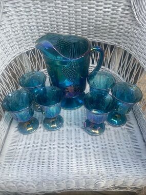 Vintage  7-piece "Harvest Grape" beverage set in Iridescent Blue Carnival Glass